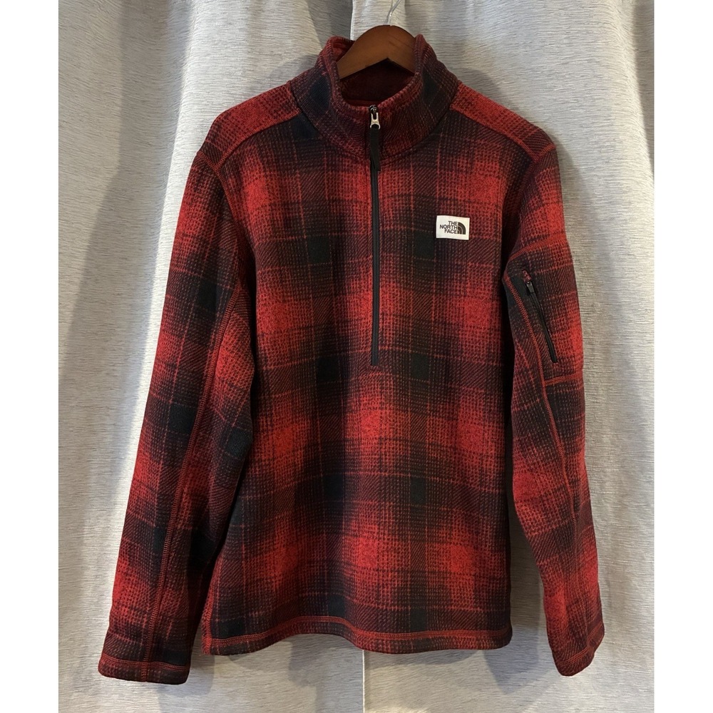 VTG The North Face Men's XL Fleece Pullover Brown Label Red Plaid Zip‎ Neck